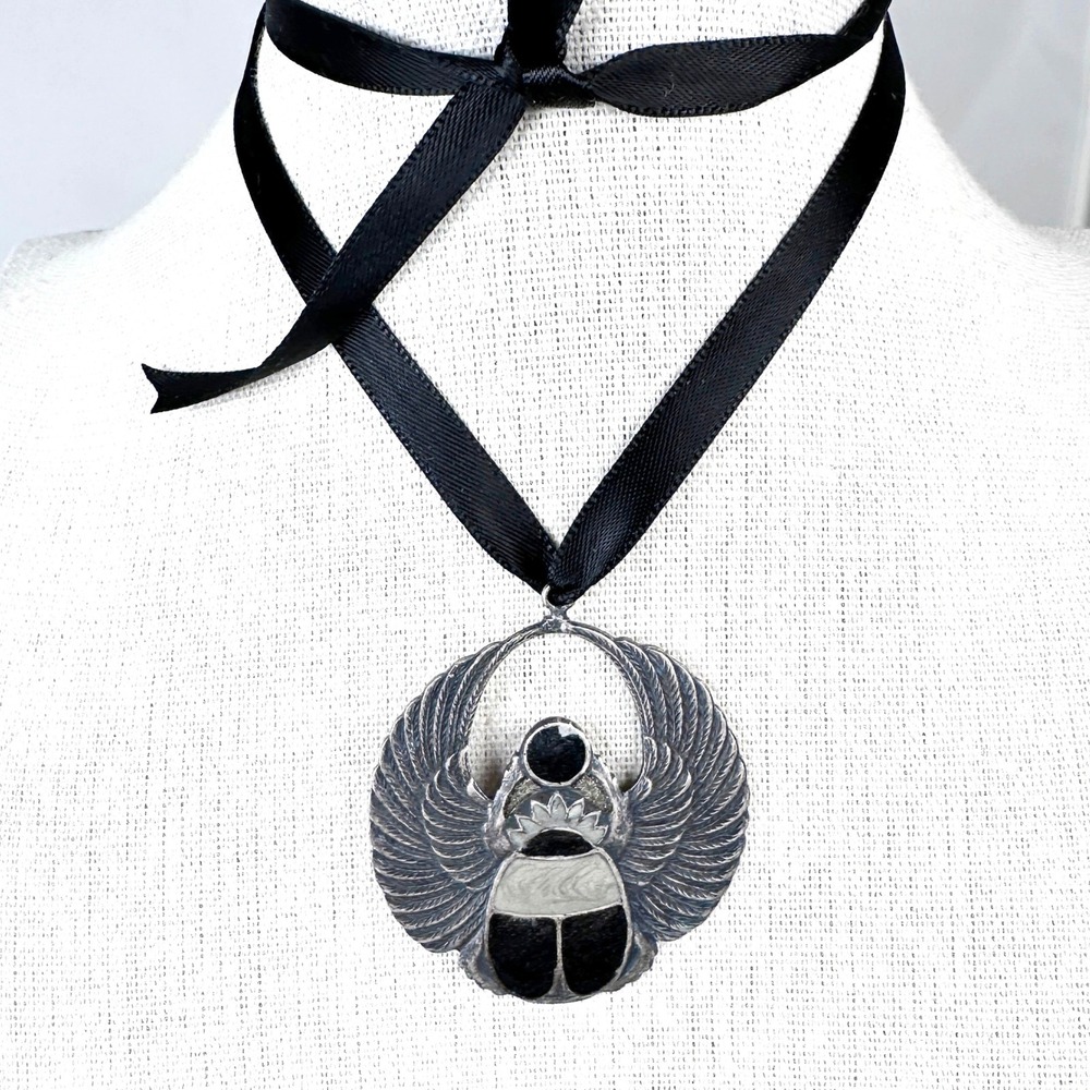 Winged Scarab Pendant Egyptian Revival Silver Tone Black Enamel 1.75"